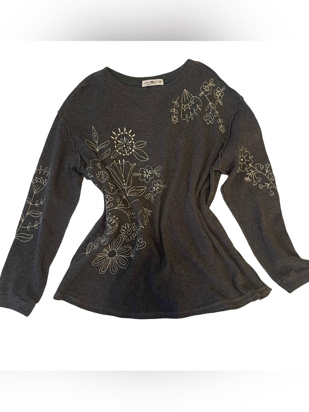 NATURAL LIFE Grey Crewneck Sweater with Cream Floral Embroidery